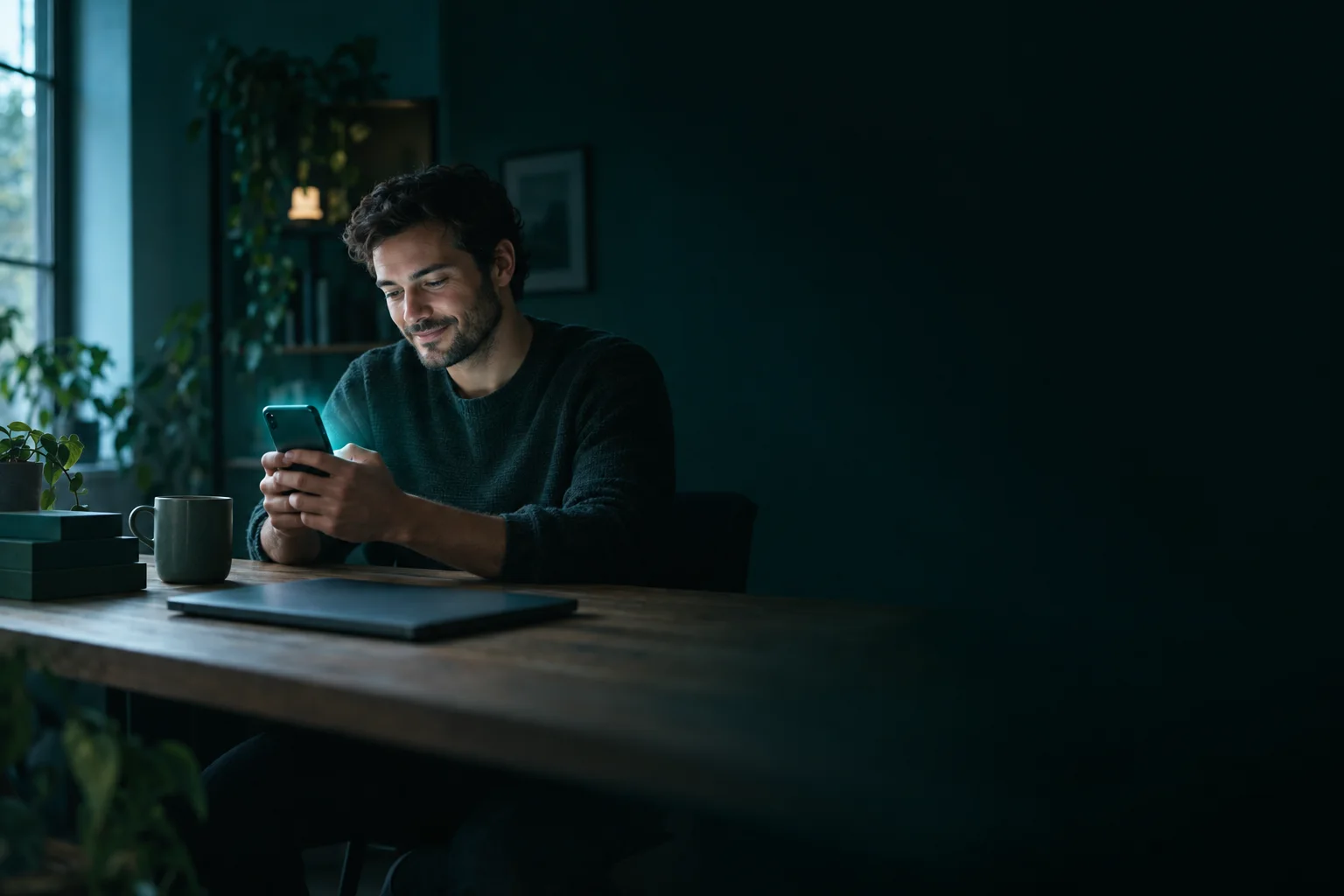 Somebody at a kitchen table approving the week's posts on their phone with a coffee beside them