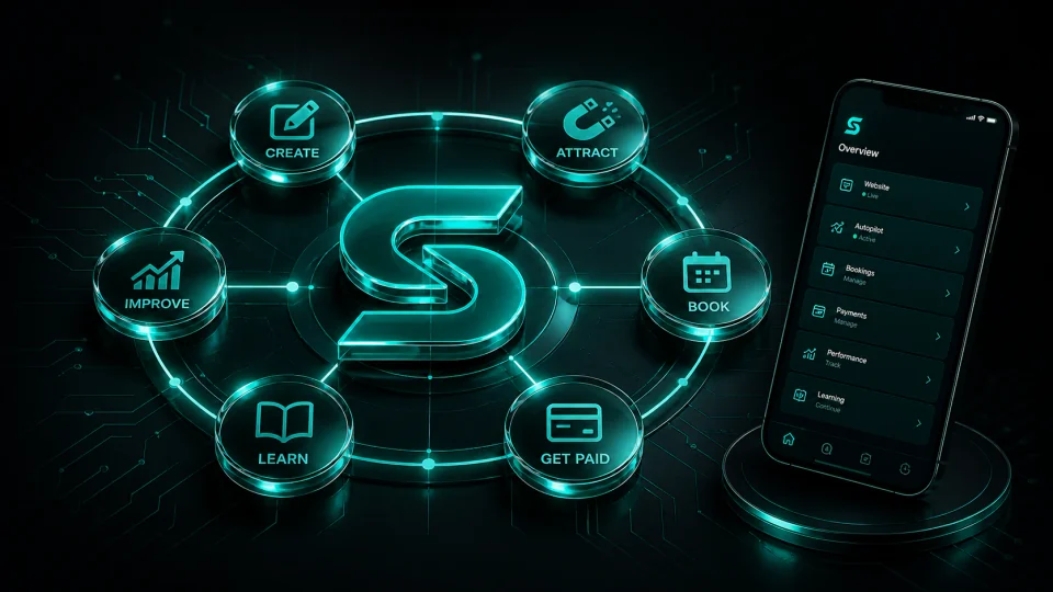 The Soclo loop: create, attract, book, get paid, learn, improve, with an overview screen alongside it