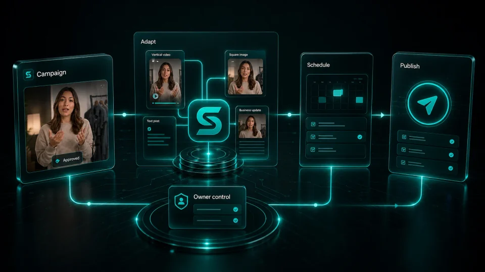 A campaign being adapted into vertical video, a square image, a text post and a business update, then scheduled and published, with owner control underneath