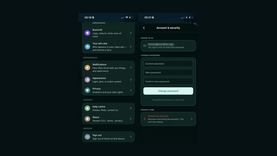 Two Soclo screens: Settings showing Privacy — analytics and your data rights, and the Account and security screen with the sign-in method, a change password form and a delete account option