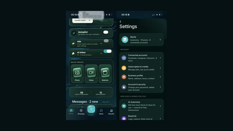 Two Soclo screens: the Home screen with switches for Autopilot, Ads and the AI Inbox, and Settings showing an AI Autonomy row for setting how much Soclo does, from manual to fully autonomous