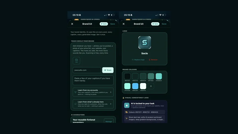 Two Soclo screens: the Brand Kit input panel offering to learn from a website, your existing accounts or pasted captions, and the brand identity panel showing a logo, brand colours and a visual consistency lock