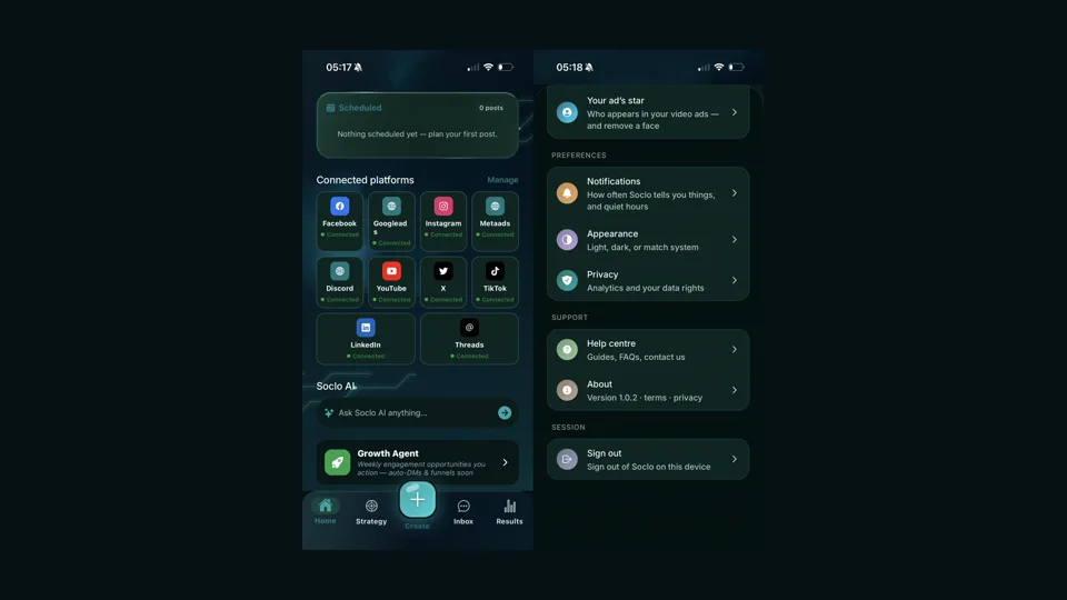 Two Soclo screens: the connected platforms grid showing each account and its connection state, and Settings showing the Help centre and About rows