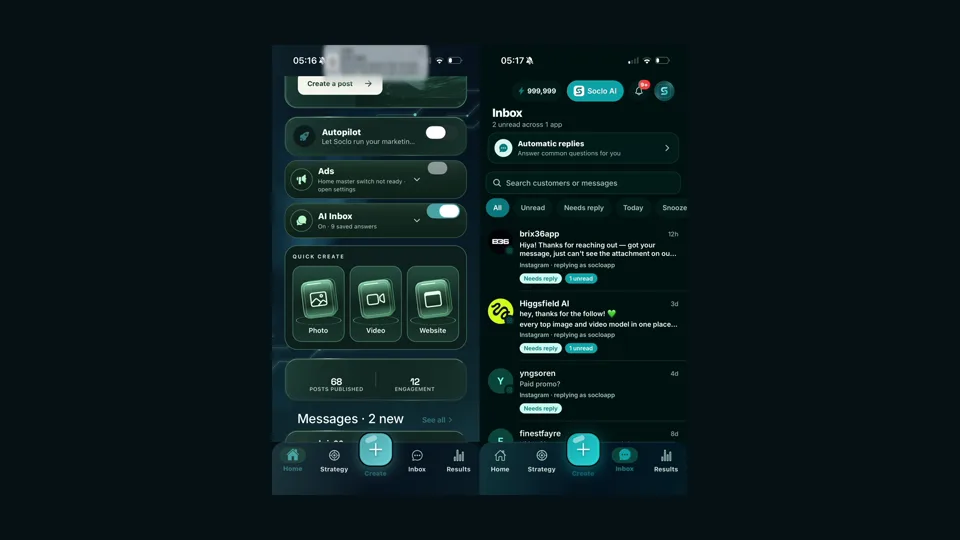 Two Soclo screens: the Home screen with an AI Inbox switch showing saved answers, and the Inbox itself with an automatic replies row and filters for unread, needs reply, today and snoozed