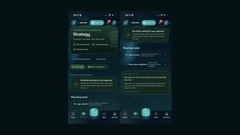 Two Soclo screens from the Strategy tab: a plan with set your direction, review your plan and see what is next, alongside planning tools for logging a result and growing your audience