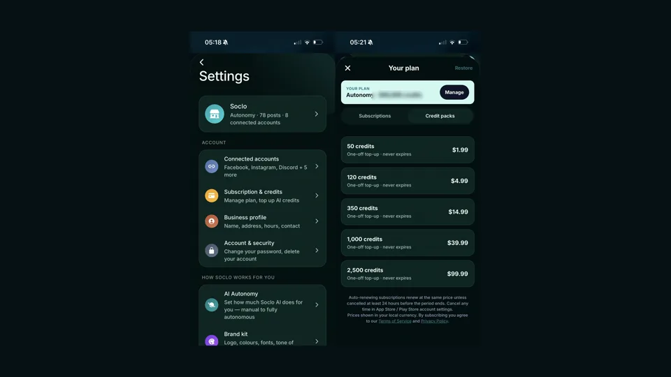 Two Soclo screens: Settings showing the Subscription and credits row, and the plan screen open on the Credit packs tab with five one-off top-ups