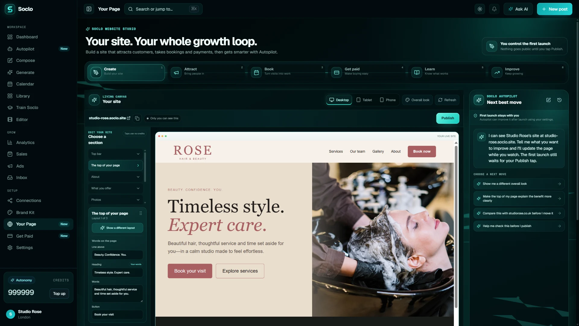 The Soclo website editor with a customer website being changed like a document